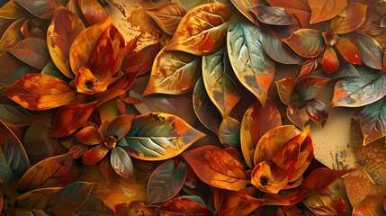 Autumn floral detail and texture wallpaper. Orange falling leaves background.