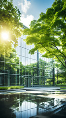 A glass office building surrounded by trees