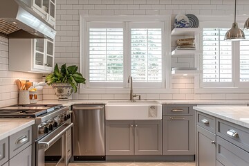 White grey minimal kitchen subway tile stainless steel appliance modern plantation shutters sink interior design