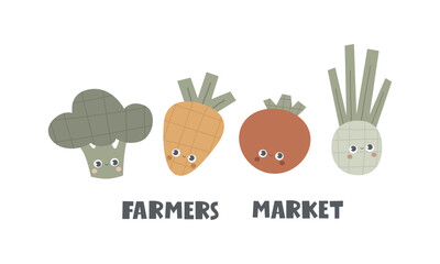 Farmers market. cartoon vegetables, hand drawing lettering. Colorful flat vector illustration. design for prints, posters, cards
