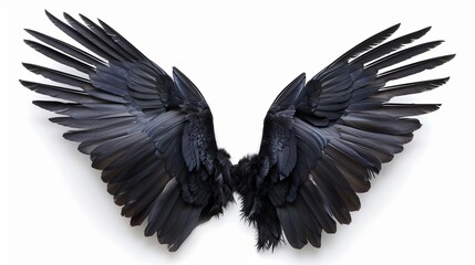 mysterious pair of black wings isolated on a plain white background symbolizing freedom and darkness cut out photo