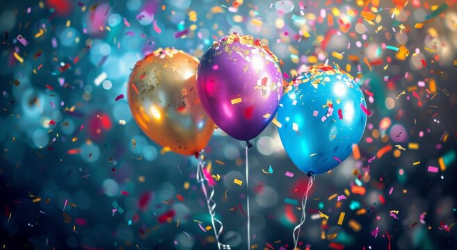 Vibrant and colorful balloons floating in the air, birthday or wedding events banner.