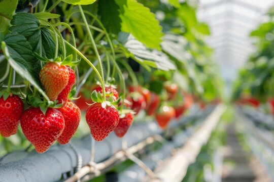 Ripe strawberries hanging in indoor hydroponic farm greenhouse