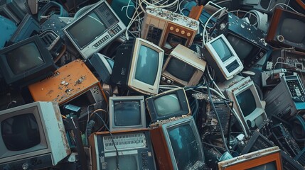 pile of old household electrical appliances broken computers tablets phones electronic waste concept