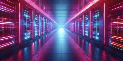 Digital arteries glow with vibrant neon, a futuristic corridor with neon lights, vibrant hues, sleek design, and a contemporary energy.