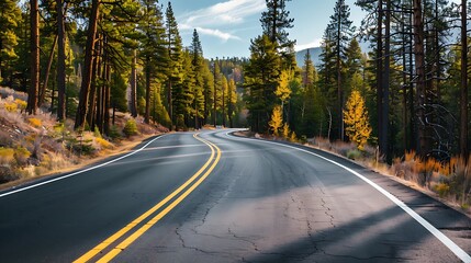 Winding asphalt road surrounded by rainforest trees. Nature, travel and journey background concept.
