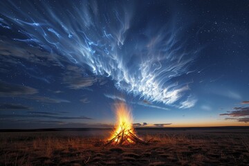 Fototapeta premium Fire's embrace felt both fierce and tender, a dynamic shot of a bonfire against the night sky, the flames capturing the dual nature of fire, both dangerous and comforting.