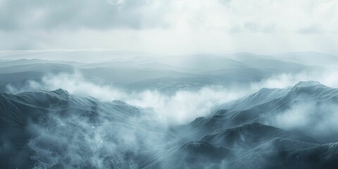 Obraz premium The fog creates an ethereal calmness, offering a panoramic view of the misty landscape with rolling hills and soft diffused light, creating a serene atmosphere.