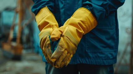 professional construction workers donning industrial gloves preparing for work at the building site occupational safety concept