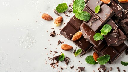 Chocolate Bars with Almonds on White Background with Copy Space