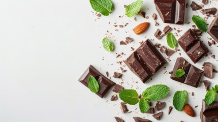 Chocolate Bars with Almonds on White Background with Copy Space