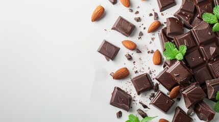 Chocolate Bars with Almonds on White Background with Copy Space