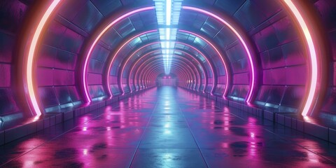 Fototapeta premium Neon veins pulse in futuristic corridors, perspective view of a high-tech corridor with neon lights, vibrant colors and sleek design, modern and energetic.