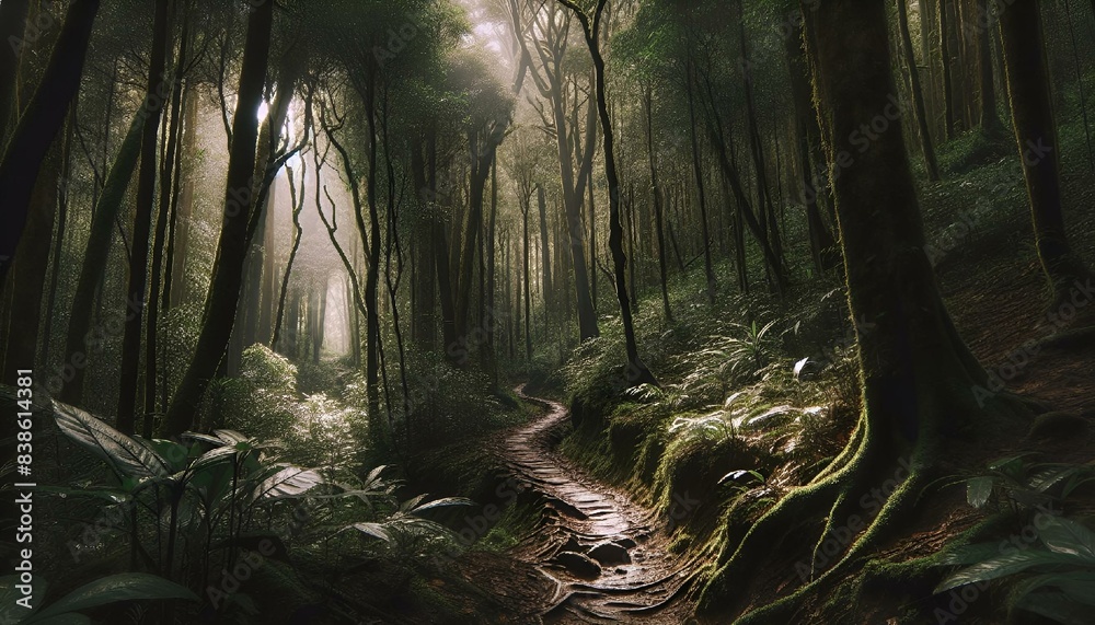 Poster AI generated illustration of a winding path through a lush green forest