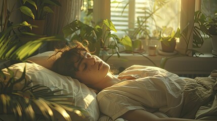 The quiet bliss of an afternoon nap, a soft-focused image of a person sleeping peacefully in a cozy setting, the scene bathed in gentle natural light.