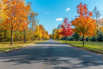 Empty Road Lined with Colorful Autumn Trees