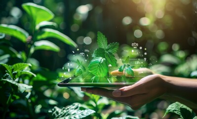 Fototapeta premium Close up of a young female farmer's hand holding a tablet with a holographic digital display of greenery, data and icons on the screen in a greenhouse.