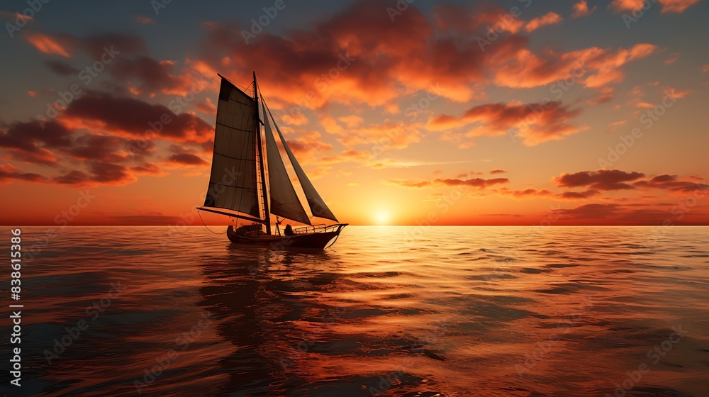 Wall mural Serene Horizon: A Stunning View of a Silhouetted Boat Gliding Across the Golden Waters Under the Radiant Glow of a Majestic Sunset - Wall murals