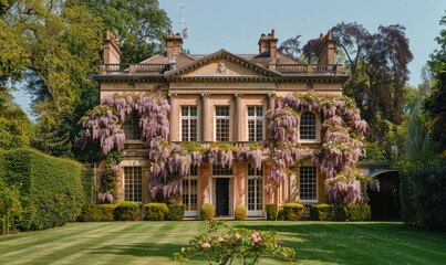 London estate garden view of a georgian villa from 18th century, lilac-coloured wisteria draped across its facade, in style of english architecture