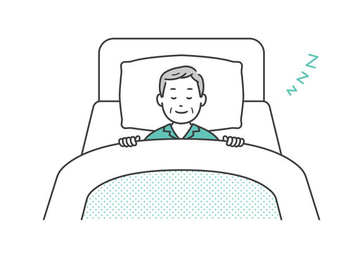 recommend clip art: ベッドで笑顔で安眠するパジャマ姿の高齢男性のイラスト
                    