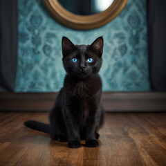 A black kitten with blue eyes. The background of the living room.