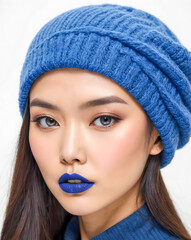 Fashionable Asian young woman wearing a blue knitted hat and matching blue lipstick; long dark hair, light skin, and striking light-colored eyes under a white background.
