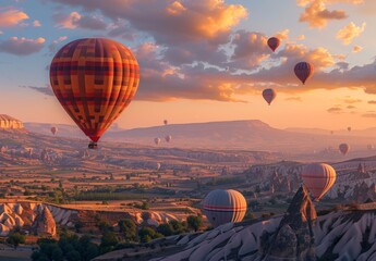 Obraz premium Colorful hot air balloons floating over mountains at sunrise. A wide view of the beautiful landscape with flying balloons, colorful rocks and misty valley