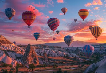 Obraz premium Colorful hot air balloons floating over mountains at sunrise. A wide view of the beautiful landscape with flying balloons, colorful rocks and misty valley