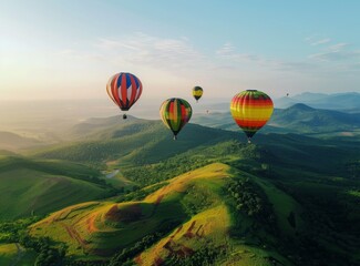 Colorful hot air balloons floating over mountains at sunrise. A wide view of the beautiful landscape with flying balloons, colorful rocks and misty valley