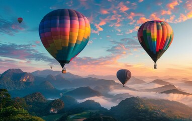 Naklejka premium Colorful hot air balloons floating over mountains at sunrise. A wide view of the beautiful landscape with flying balloons, colorful rocks and misty valley