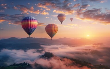 Obraz premium Colorful hot air balloons floating over mountains at sunrise. A wide view of the beautiful landscape with flying balloons, colorful rocks and misty valley