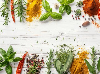 Culinary background with herbs and spices on a white wooden table in a flat lay top view with space for text.