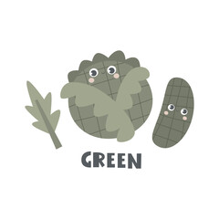 Green. cartoon vegetables, hand drawing lettering. Colorful flat vector illustration. design for prints, posters, cards