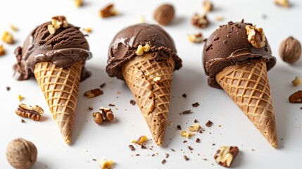 Chocolate Ice Cream Cones on a White Background