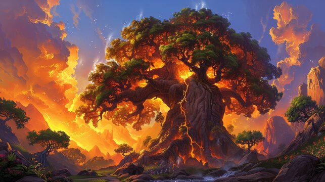 Majestic Fantasy Tree in Enchanted Forest at Sunset with Radiant Colors, Glowing Sky, and Mystical Atmosphere - Breathtaking Landscape Art