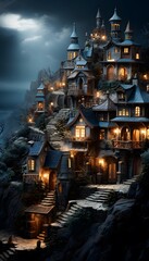 Fairy tale castle in the mountains at night. Panorama.