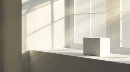 Fototapeta premium A Minimalist White Box on the Windowsill, with Soft Sunlight Streaming in from Outside through the Window, Casting Gentle Shadows across its Surface.