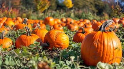 Ripe Pumpkins in a Green Autumn Field