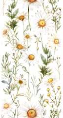 wild medicinal meadow flowers and grass on white background, horizontal pattern, watercolor painting, realistic illustration