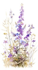 Fototapeta premium wild medicinal meadow flowers and grass on white background, horizontal pattern, watercolor painting, realistic illustration