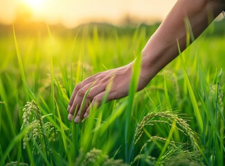 Hand of farmer touching rice grain in green paddy field at sunrise, concept for organic food and healthy lifestyle.