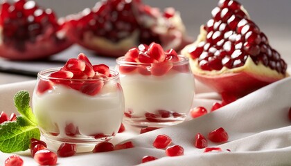 Close up of pomegranate seeds topped homemade yogurt