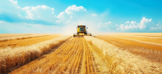 Harvesting golden wheat field with combine harvester machine, wide banner for advertising