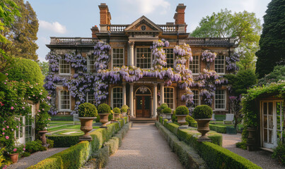 London estate garden view of a georgian villa from 18th century, lilac-coloured wisteria draped across its facade, in style of english architecture