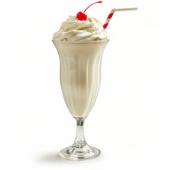 Classic Whipped Cream Milkshake With Red Striped Straw And Cherry