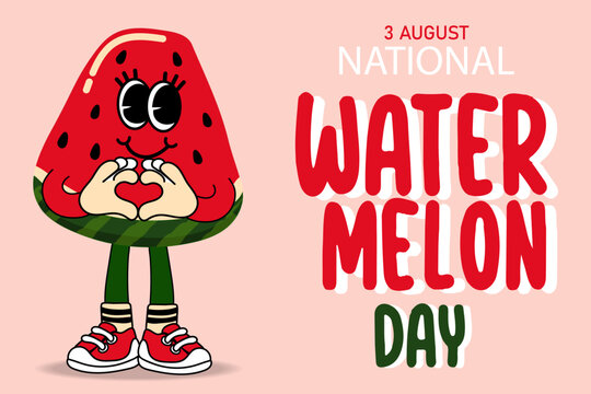 National Watermelon Day banner 3 August. Juicy slice of red watermelon retro funky cartoon character. Comic mascot of watermelon with happy smile face, hands and feet. Groovy summer vector.
