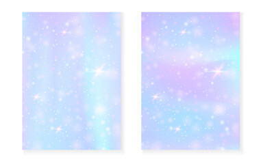 Magic background with princess rainbow gradient. Kawaii unicorn hologram. Holographic fairy set. Bright fantasy cover. Magic background with sparkles and stars for cute girl party invitation.