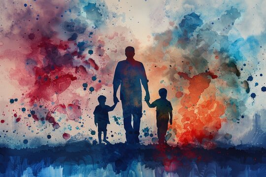 silhouettes of a father with his two kids, with ink splashes and watercolor, in black, white, red, blue, purple, pink and orange, with a dark background