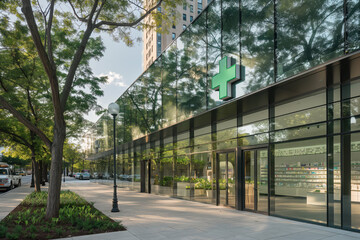 A modern pharmacy building with a glass facade and a green cross located in an urban area, showcasing contemporary architecture and symbolizing healthcare services
