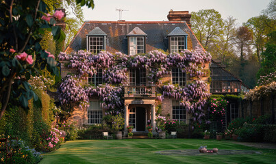 London estate garden view of a georgian villa from 18th century, lilac-coloured wisteria draped...